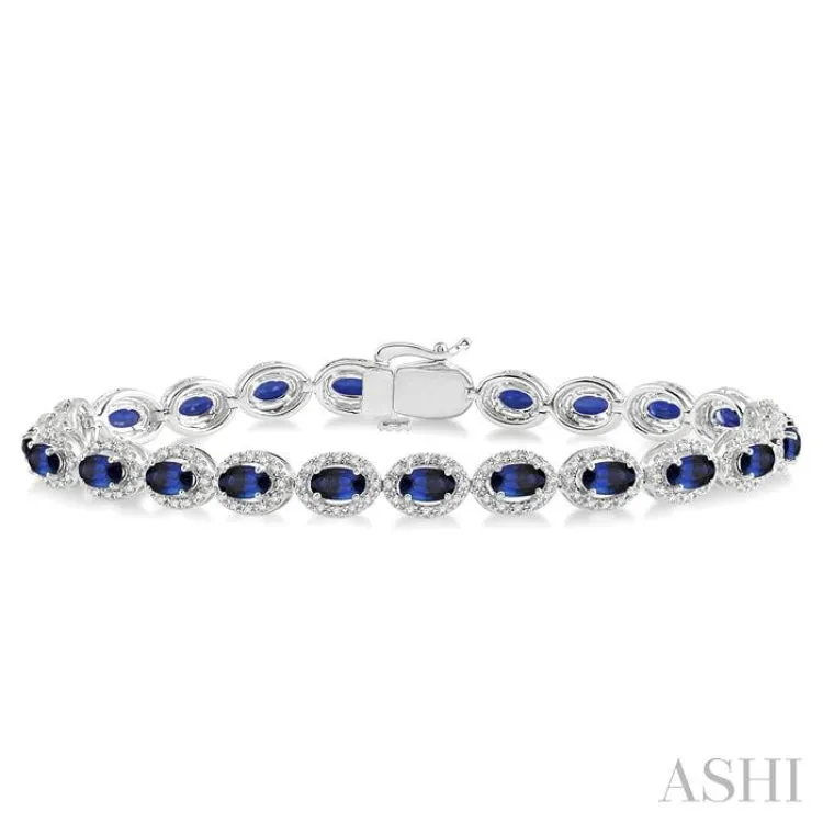 1 1/10 Ctw Oval Shape 5x3mm Sapphire & Round Cut Diamond Precious Stone Bracelet in 14K White Gold