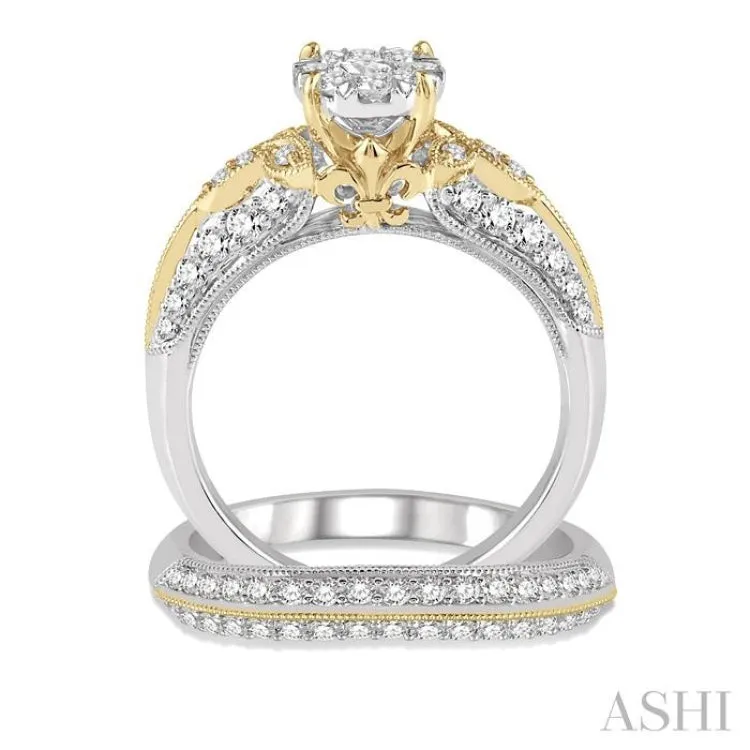 1 1/6 Ctw Lovebright Diamond Wedding Set With 3/4 Ctw Round Shape Engagement Ring and 1/3 Ctw Wedding Band in 14K White and Yellow Gold