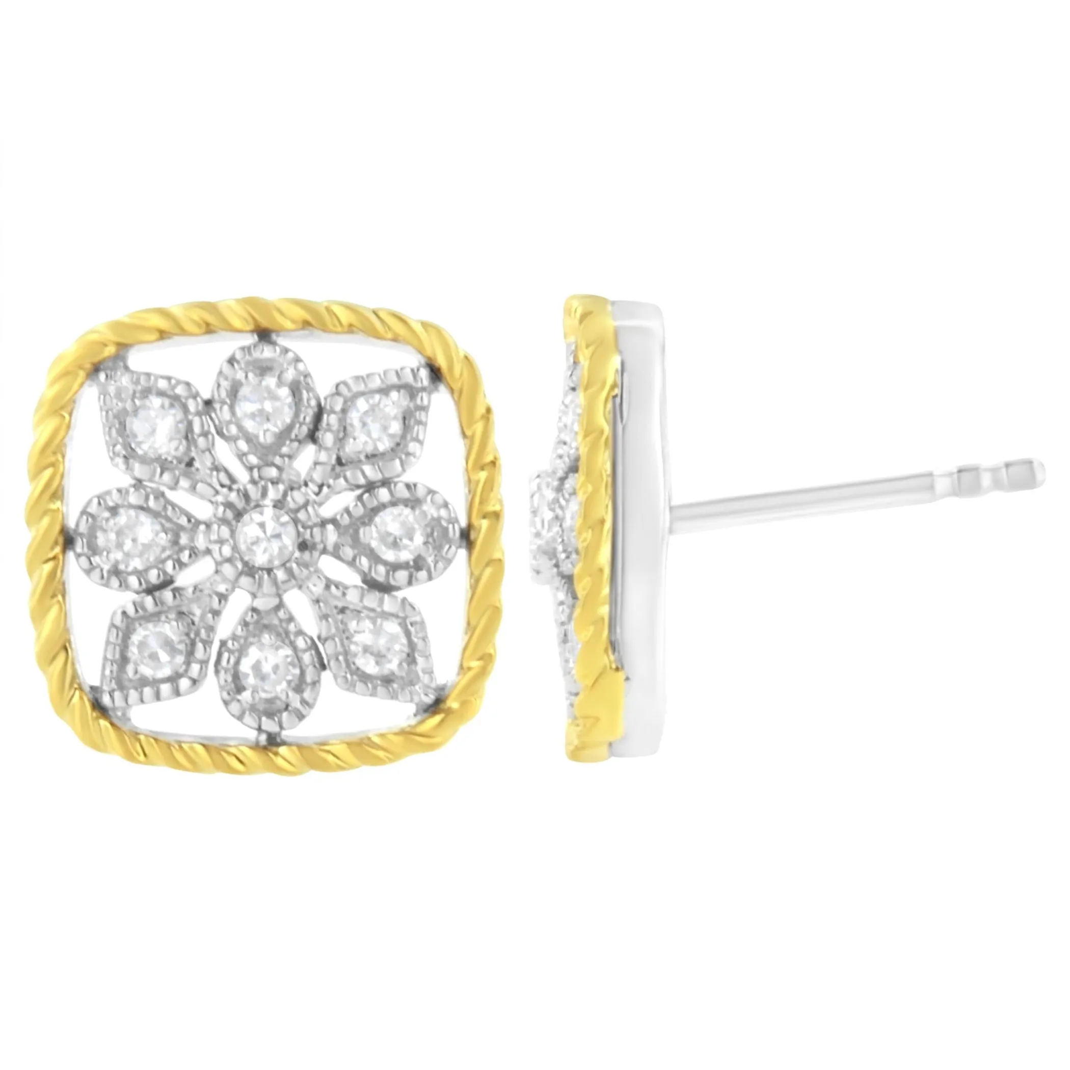 10K Yellow Gold Plated .925 Sterling Silver 1/4 cttw Diamond "Flower in a Box" Stud Earrings (I-J Color, I2-I3 Clarity)