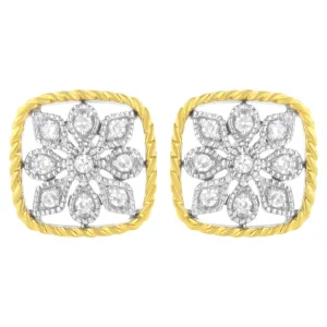 10K Yellow Gold Plated .925 Sterling Silver 1/4 cttw Diamond "Flower in a Box" Stud Earrings (I-J Color, I2-I3 Clarity)