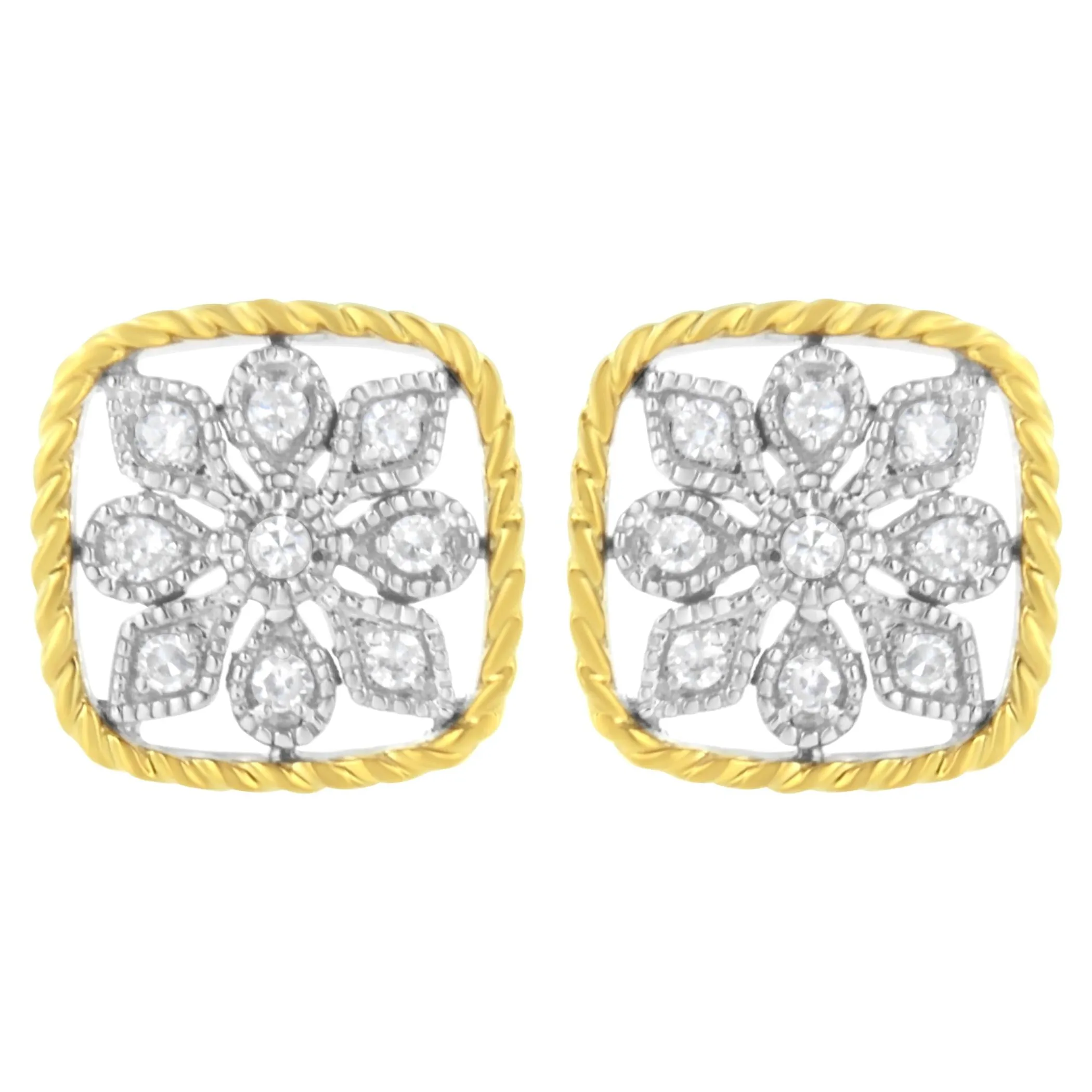 10K Yellow Gold Plated .925 Sterling Silver 1/4 cttw Diamond "Flower in a Box" Stud Earrings (I-J Color, I2-I3 Clarity)