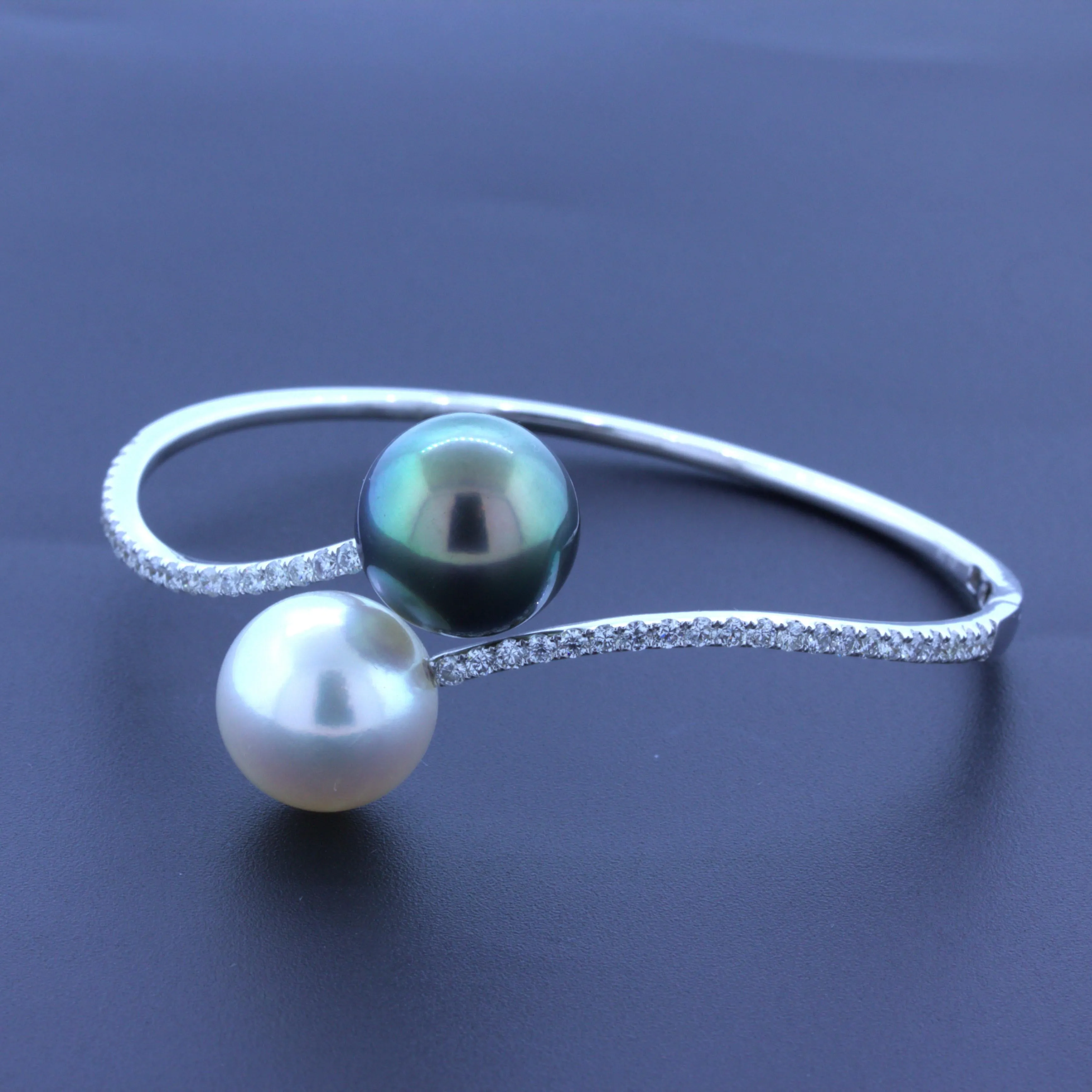 13.5mm South Sea & Tahitian Pearl Diamond 18k White Gold Bangle Bracelet