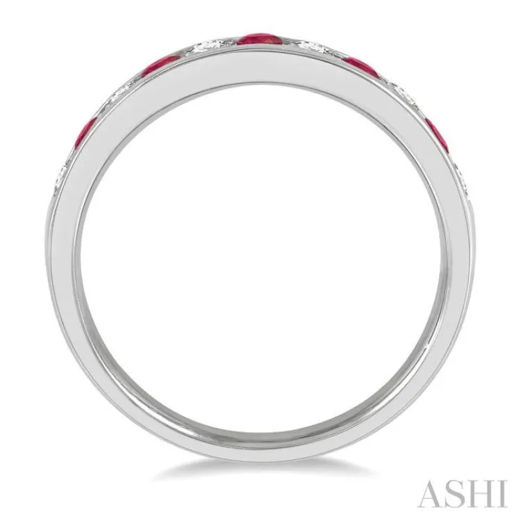 1/4 ctw Round Cut Diamond and 2.3MM Ruby Precious Wedding Band in 14K White Gold