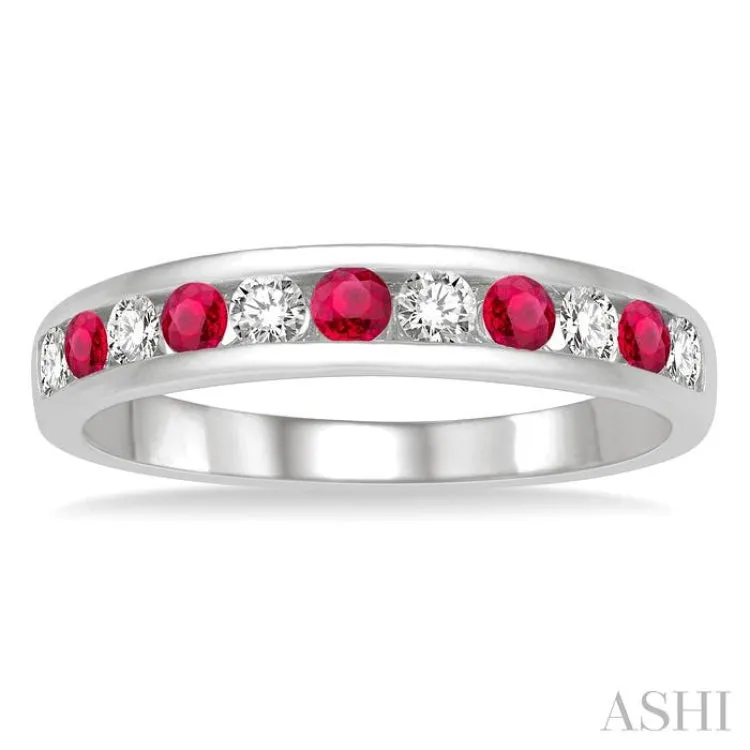 1/4 ctw Round Cut Diamond and 2.3MM Ruby Precious Wedding Band in 14K White Gold