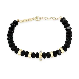 14k Gold & Matte Black Agate Rondelle Bead Bracelet with 2 Prong Diamonds