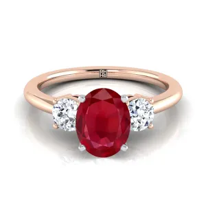 14K Rose Gold Oval Ruby Perfectly Matched Round Three Stone Diamond Engagement Ring -1/4ctw