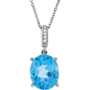 14K White 11x9 mm Oval Natural Swiss Blue Topaz & .03 CTW Natural Diamond Necklace