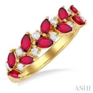 1/5 ctw Leafy 4X2 MM Marquise Cut Ruby and Round Cut Diamond Precious Band in 14K Yellow Gold