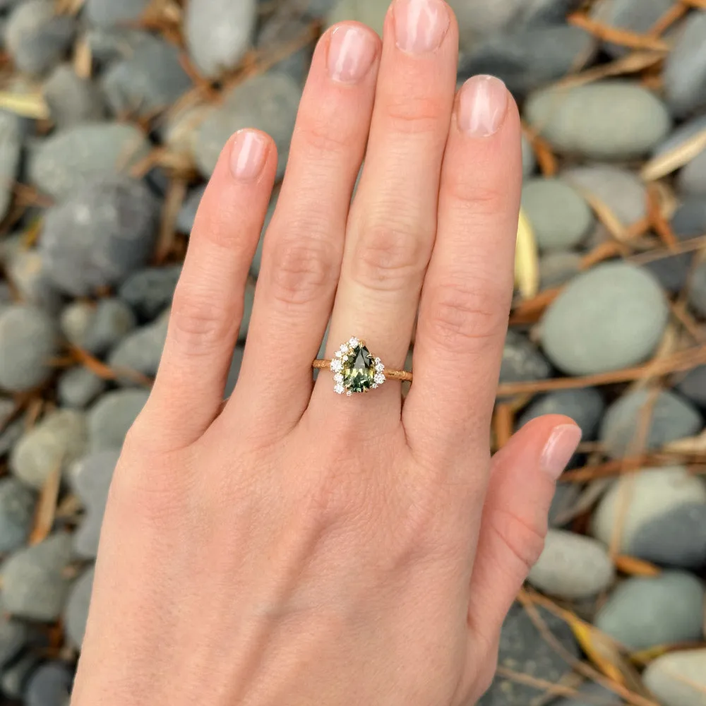 1.60ct Pear Parti Madagascar Sapphire and Diamond Asymmetrical Cluster Ring in 18k Yellow Gold