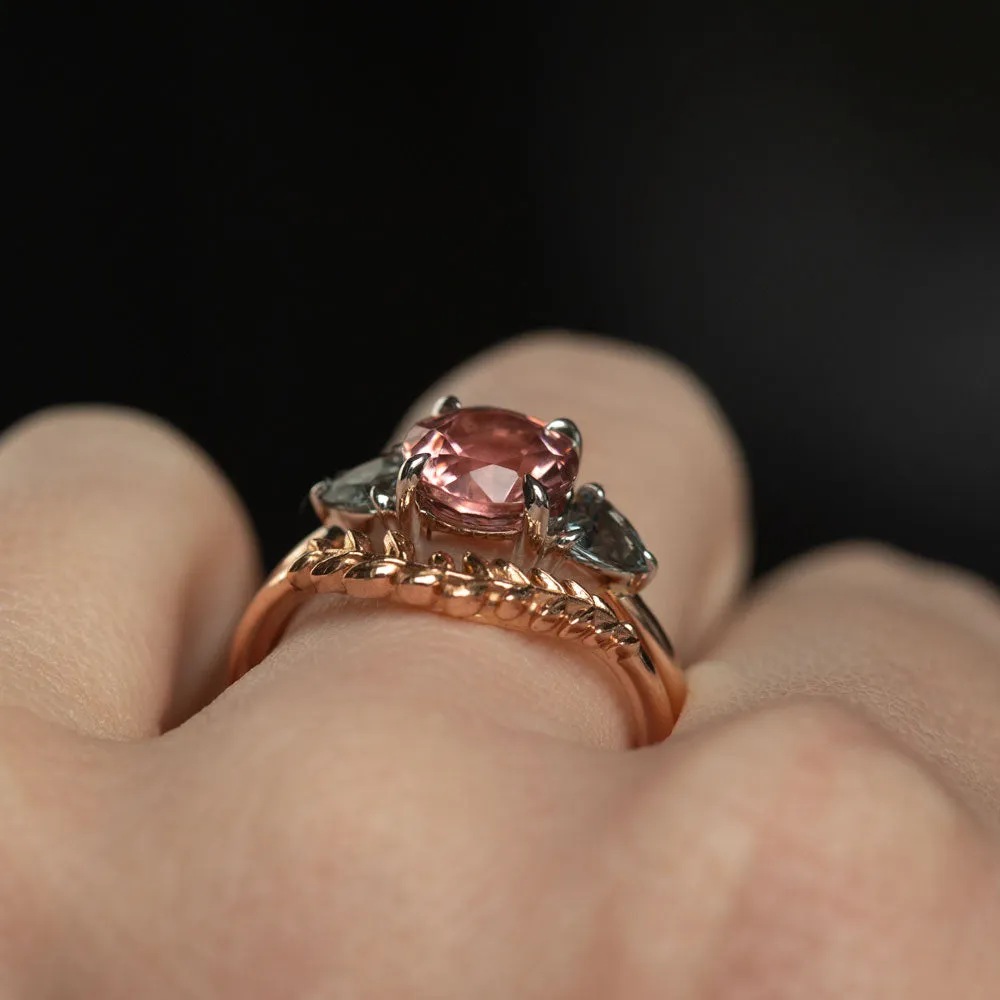 1.70ct Round Pink Tourmaline and Blue Grey Spinel Low Profile Three Stone Ring in 14k Rose and White Gold