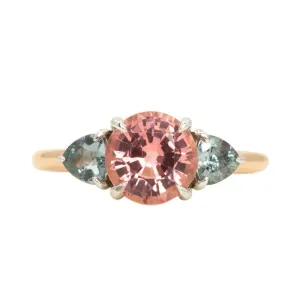 1.70ct Round Pink Tourmaline and Blue Grey Spinel Low Profile Three Stone Ring in 14k Rose and White Gold