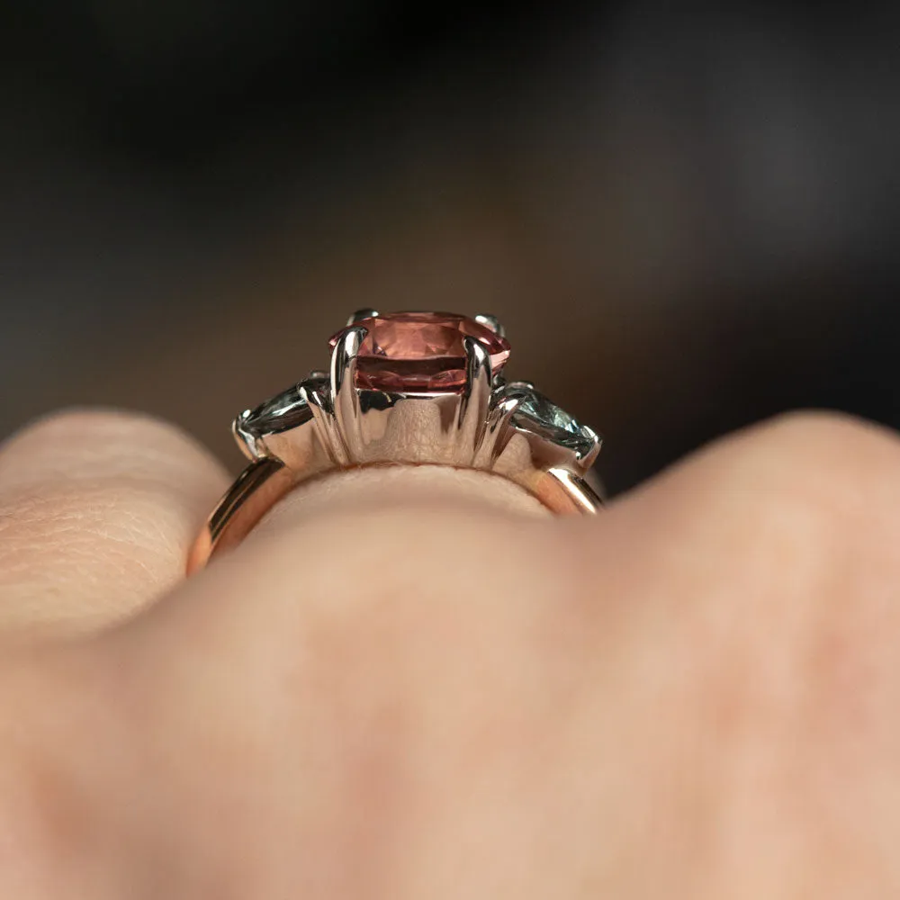 1.70ct Round Pink Tourmaline and Blue Grey Spinel Low Profile Three Stone Ring in 14k Rose and White Gold