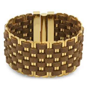 18kt Gold Plated Stainless Steel & Genuine Leather Bracelet in Brown