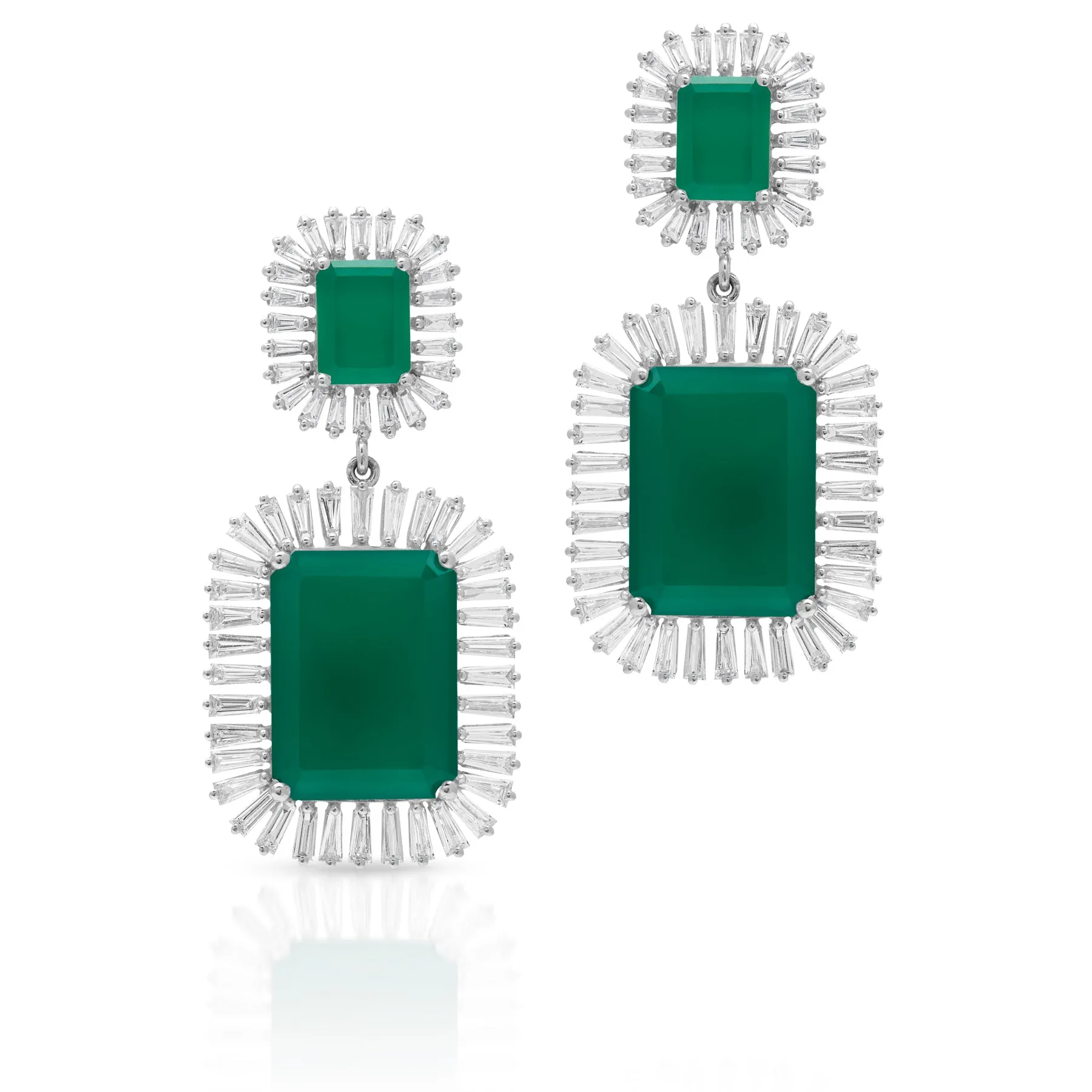 18KT White Gold Green Onyx Baguette Diamond Luxe Fauna Earrings