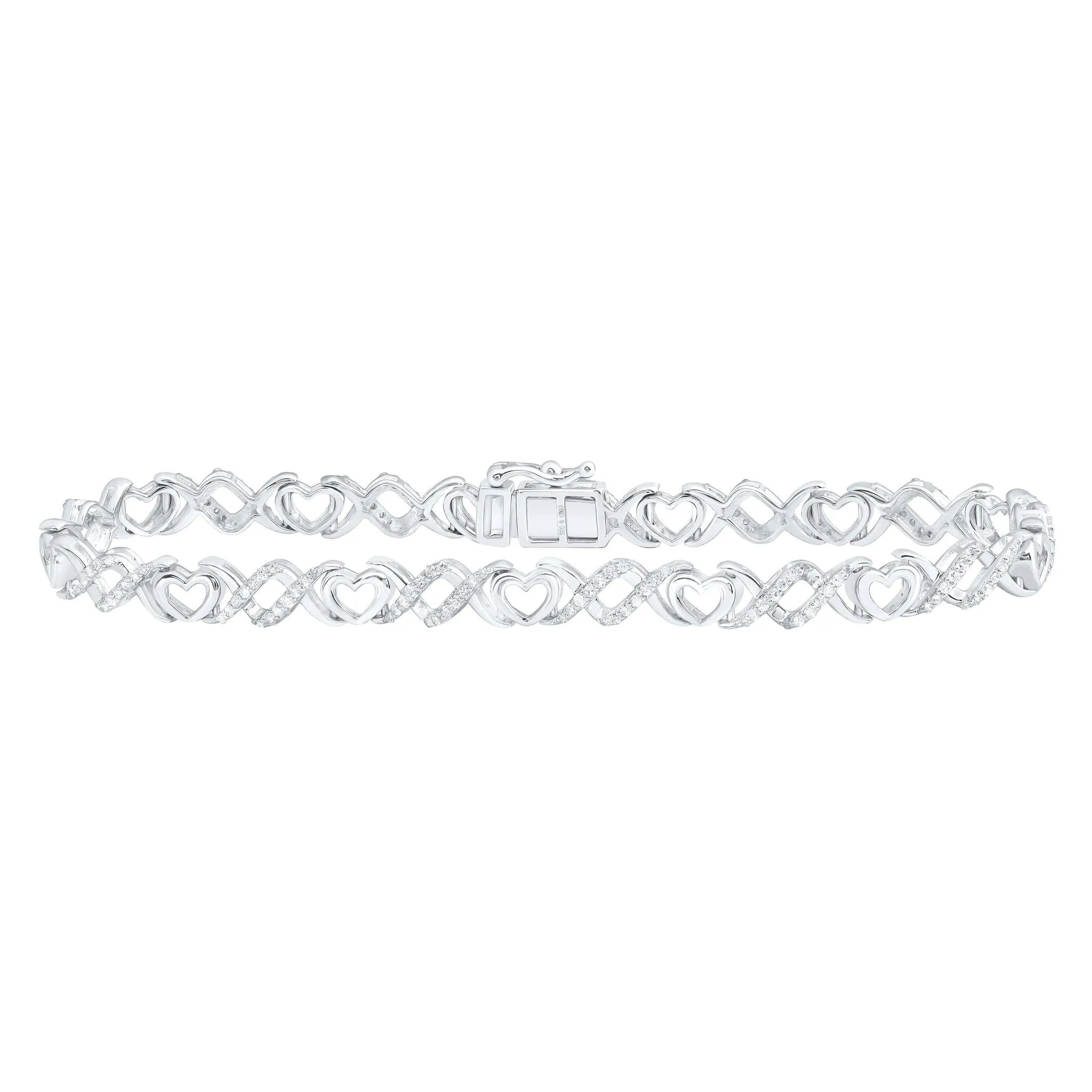 3/4cttw Diamond Heart Womens XO Bracelet 925 Sterling Silver 7"