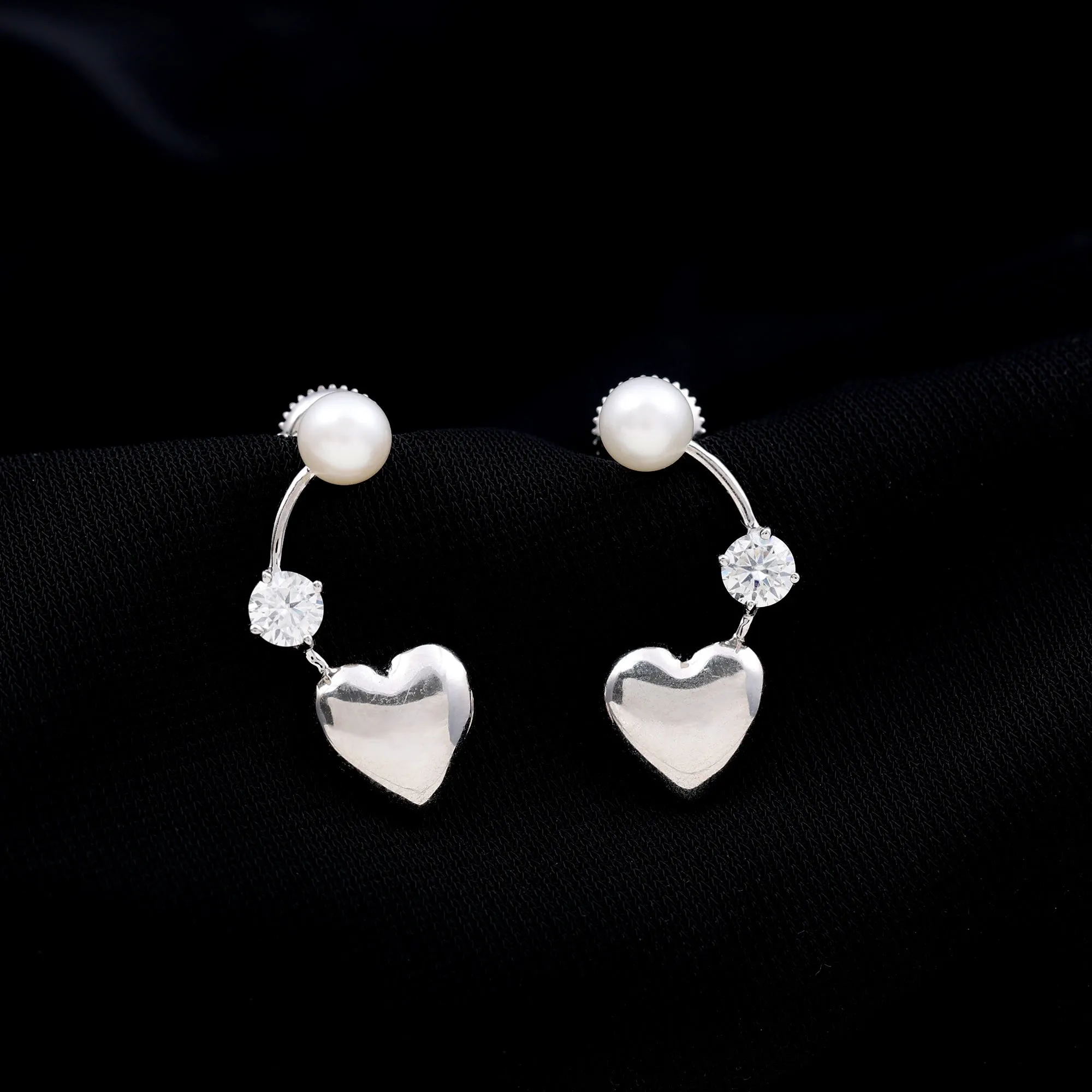 4.75 CT Freshwater Pearl and Diamond Heart Dangle Earrings