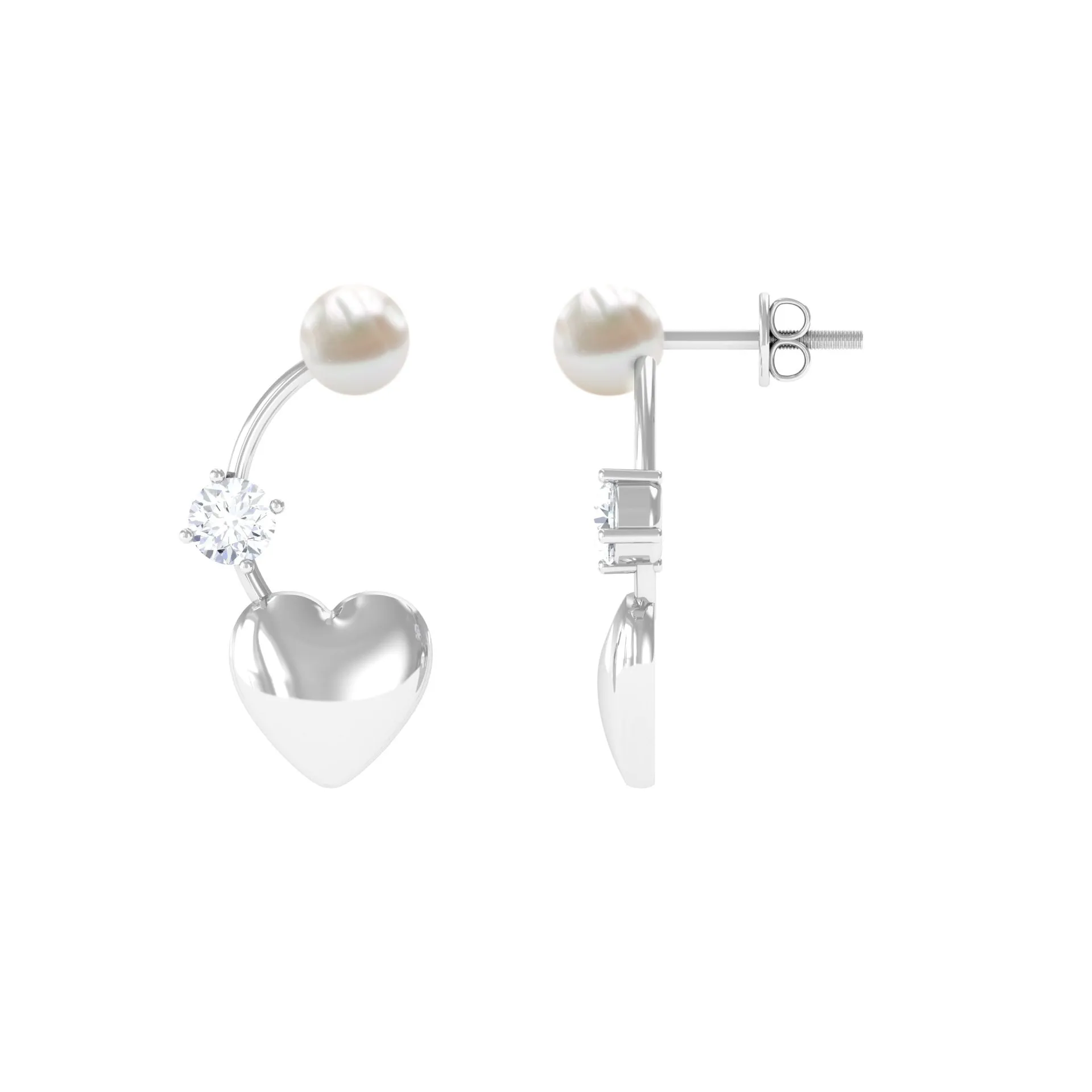 4.75 CT Freshwater Pearl and Diamond Heart Dangle Earrings