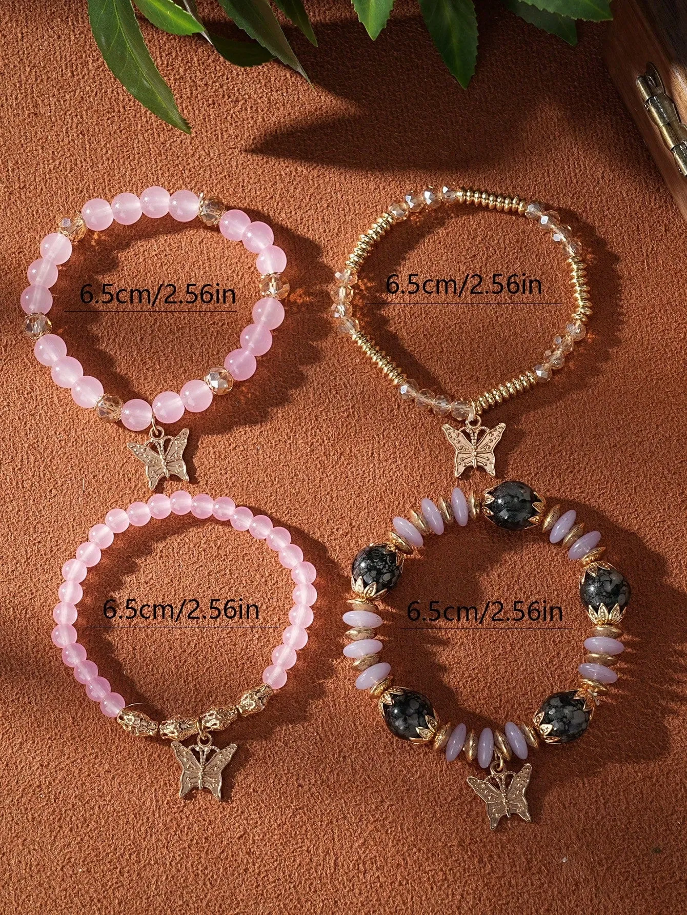 4pcs/Set Multilayer Butterfly Pendant Pink Gemstone Beaded Bracelet