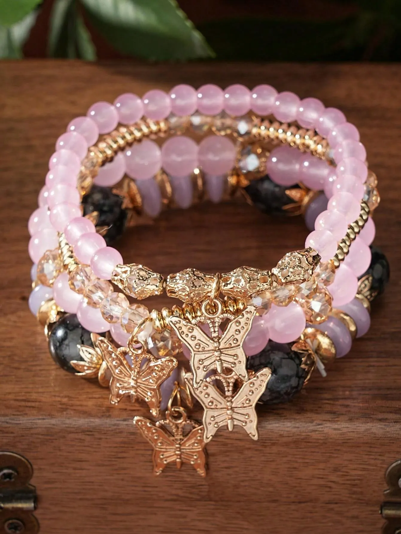 4pcs/Set Multilayer Butterfly Pendant Pink Gemstone Beaded Bracelet