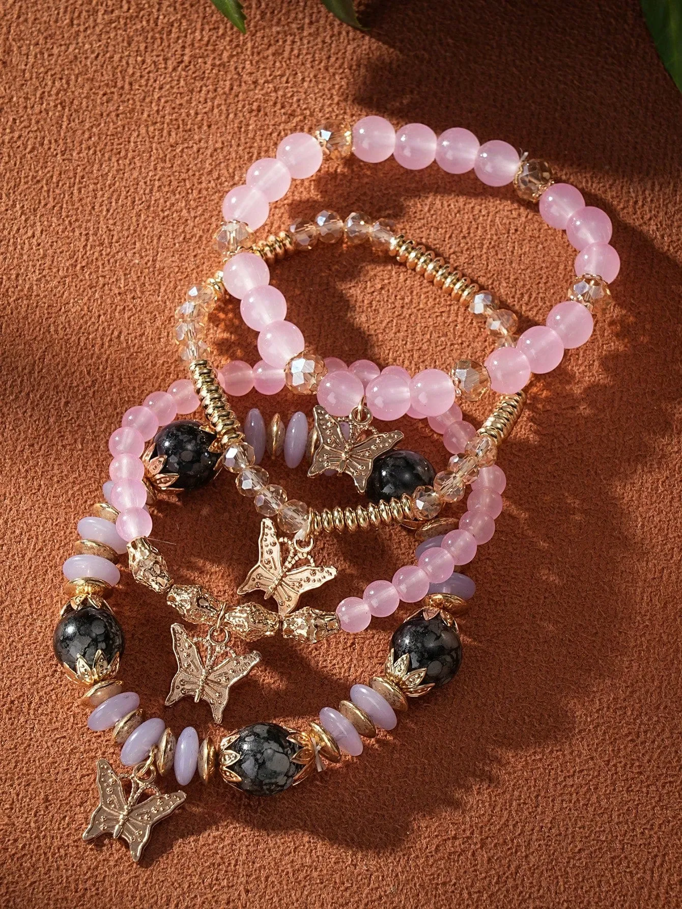 4pcs/Set Multilayer Butterfly Pendant Pink Gemstone Beaded Bracelet