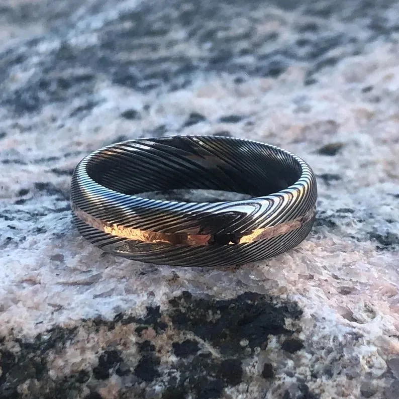 6mm Men's Black Damascus Steel Ring - Men's Wedding Bands