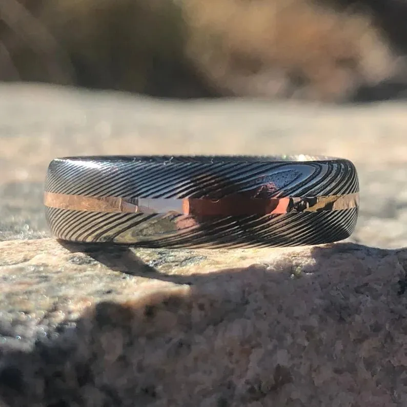 6mm Men's Black Damascus Steel Ring - Men's Wedding Bands