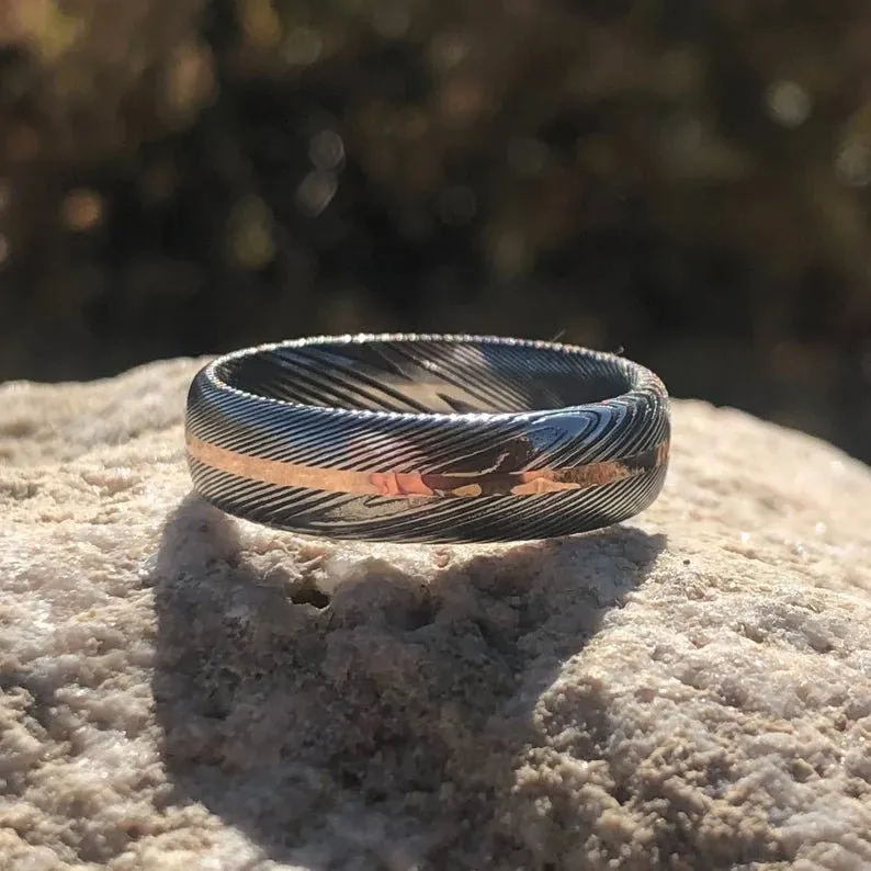 6mm Men's Black Damascus Steel Ring - Men's Wedding Bands