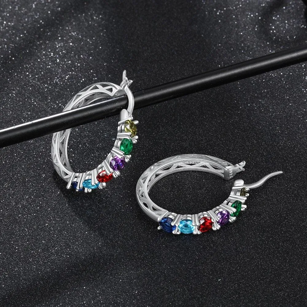 925 Sterling Silver Jewelry- Silver Hoop Earrings for Women- Custom 6 Birthstones Engraved Earrings- Personalized Birthstone Jewelry