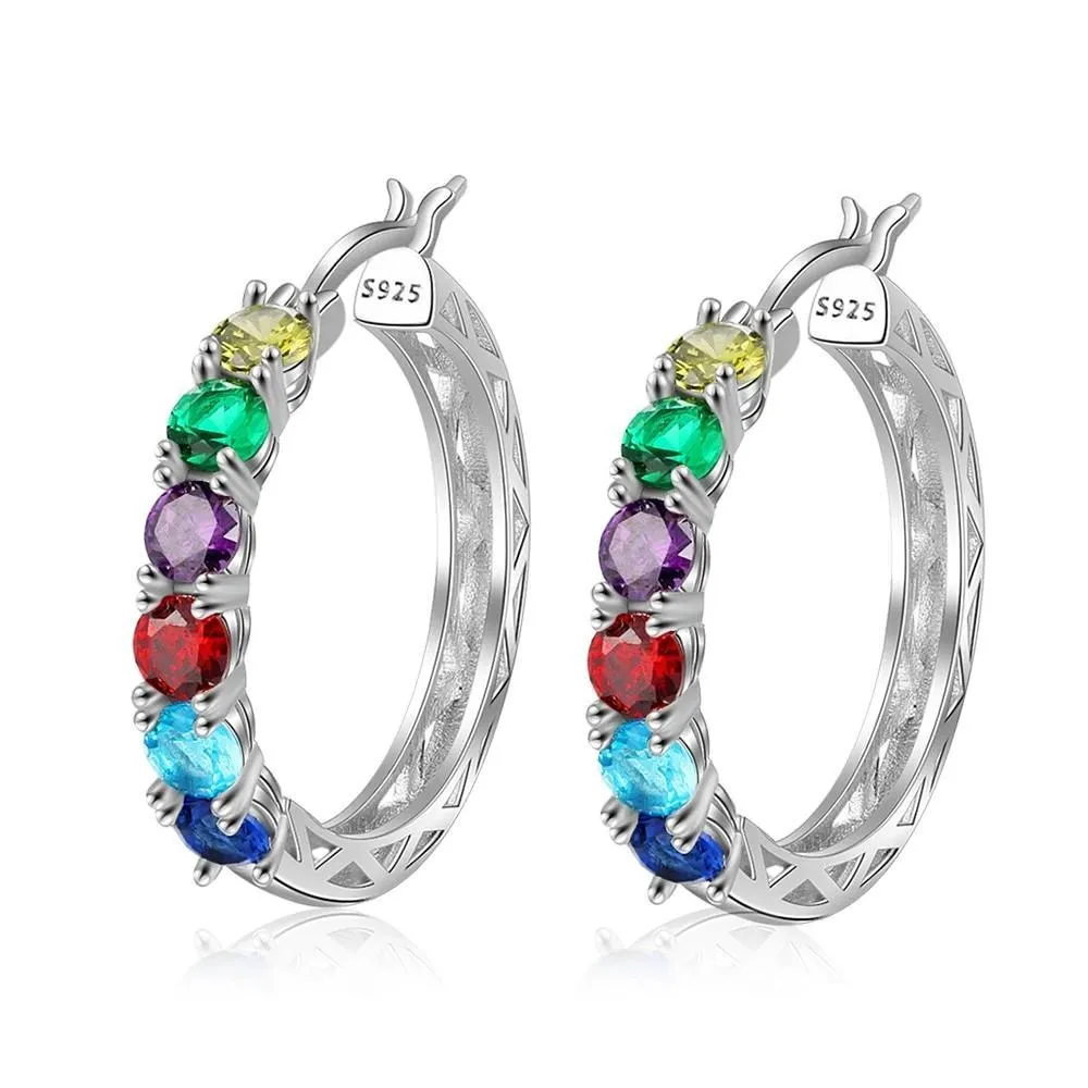 925 Sterling Silver Jewelry- Silver Hoop Earrings for Women- Custom 6 Birthstones Engraved Earrings- Personalized Birthstone Jewelry