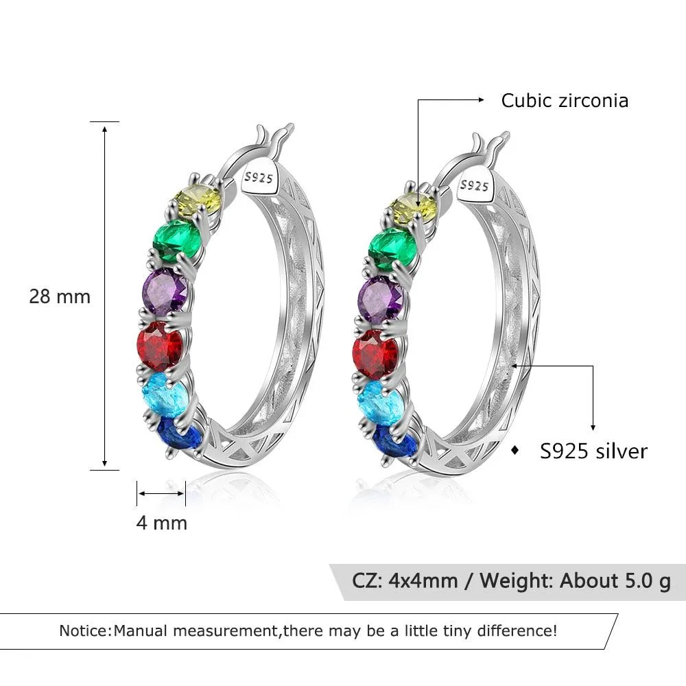 925 Sterling Silver Jewelry- Silver Hoop Earrings for Women- Custom 6 Birthstones Engraved Earrings- Personalized Birthstone Jewelry