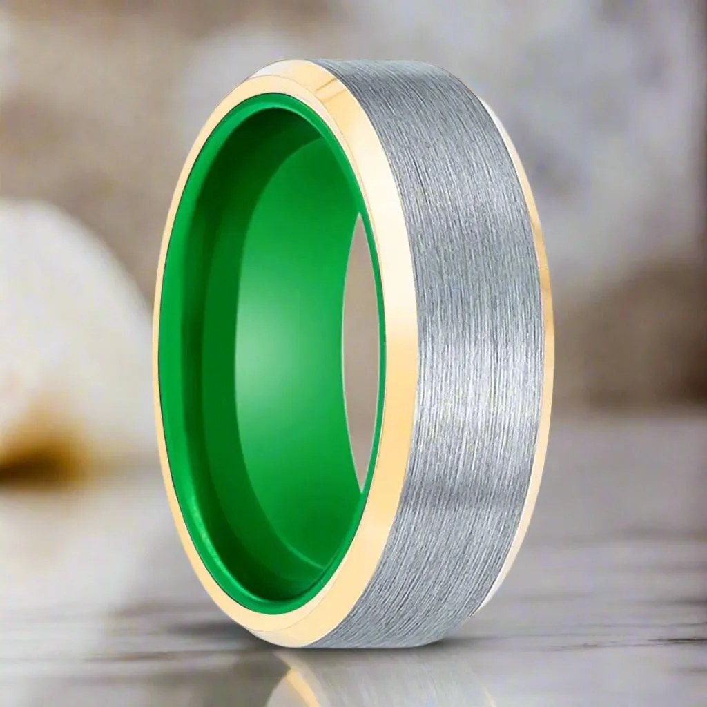 ACES | Green Ring, Brushed, Silver Tungsten Ring, Gold Beveled Edges