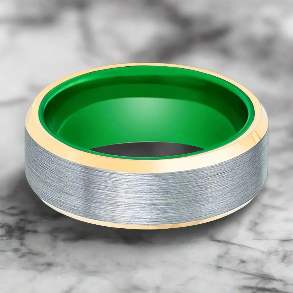 ACES | Green Ring, Brushed, Silver Tungsten Ring, Gold Beveled Edges