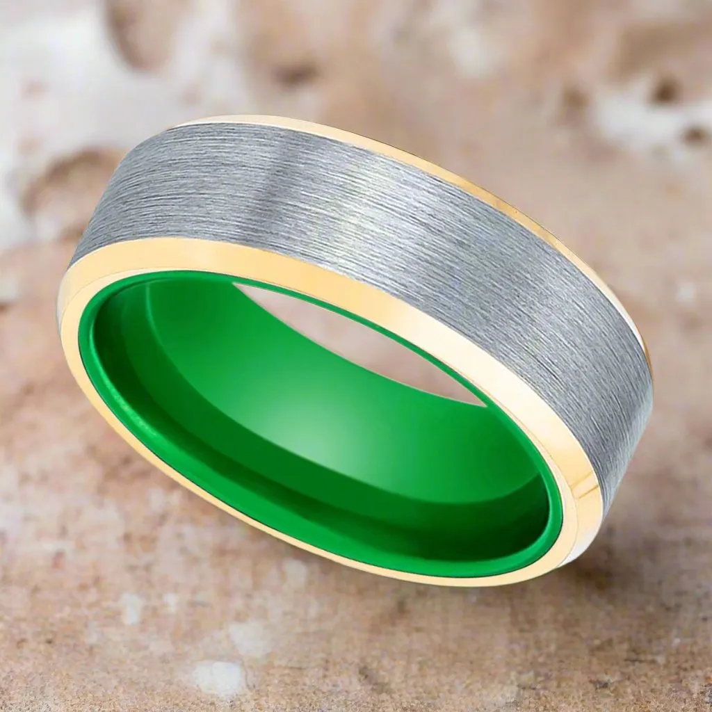 ACES | Green Ring, Brushed, Silver Tungsten Ring, Gold Beveled Edges