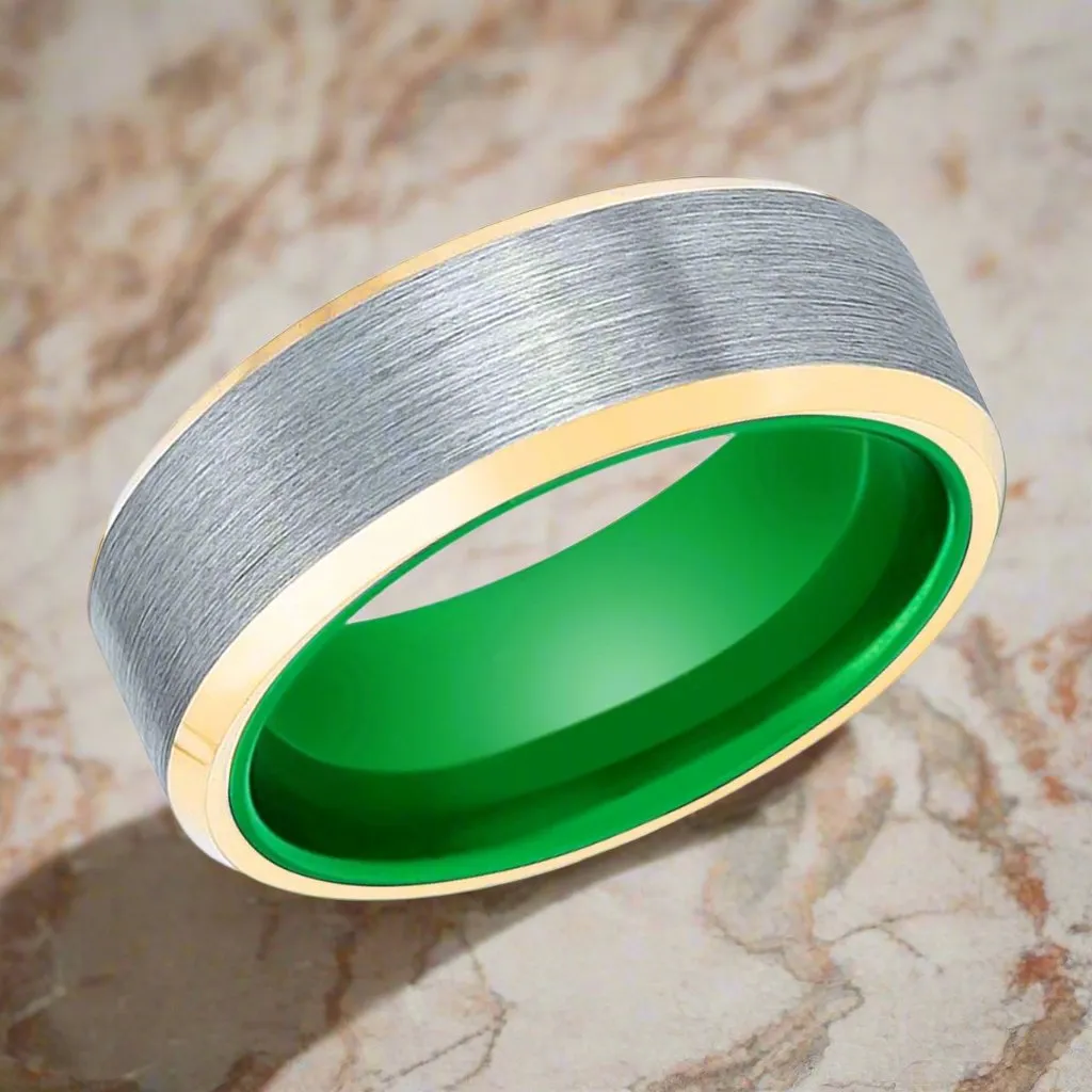 ACES | Green Ring, Brushed, Silver Tungsten Ring, Gold Beveled Edges