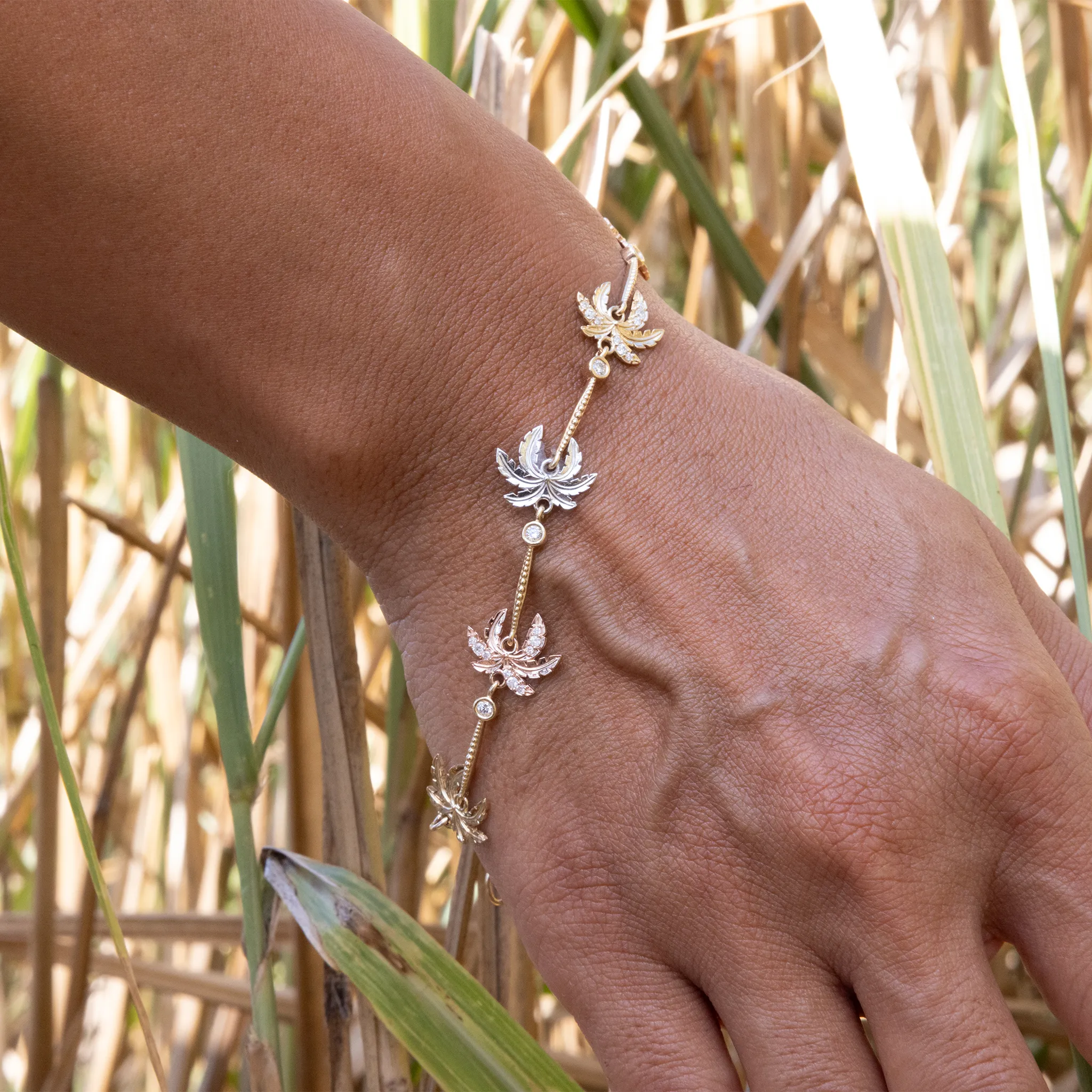 Adjustable Paradise Palms - Palm Tree Bracelet in Tri Color Gold with Diamonds - Size 6.5-8"