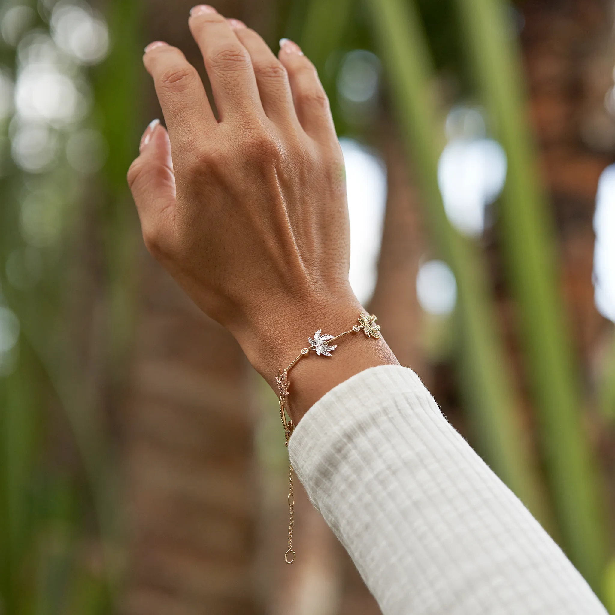 Adjustable Paradise Palms - Palm Tree Bracelet in Tri Color Gold with Diamonds - Size 6.5-8"