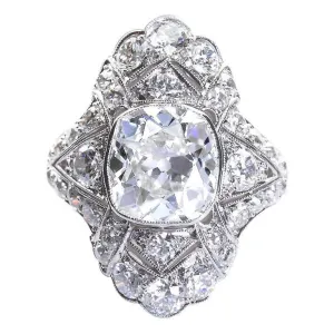 Art Deco 4.60 Carat Old Cushion Cut Diamond Platinum Ring