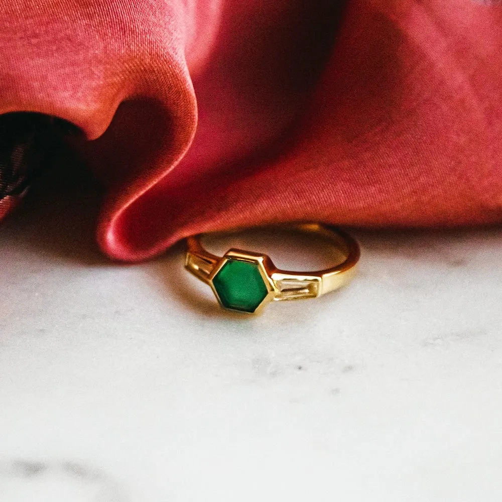 Beloved Green Onyx Hexagon Ring 18ct Gold Plate