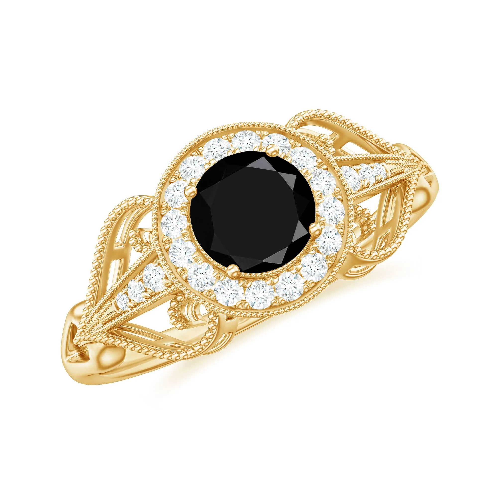 Black Onyx and Diamond Vintage Inspired Engagement Ring with Beaded Details