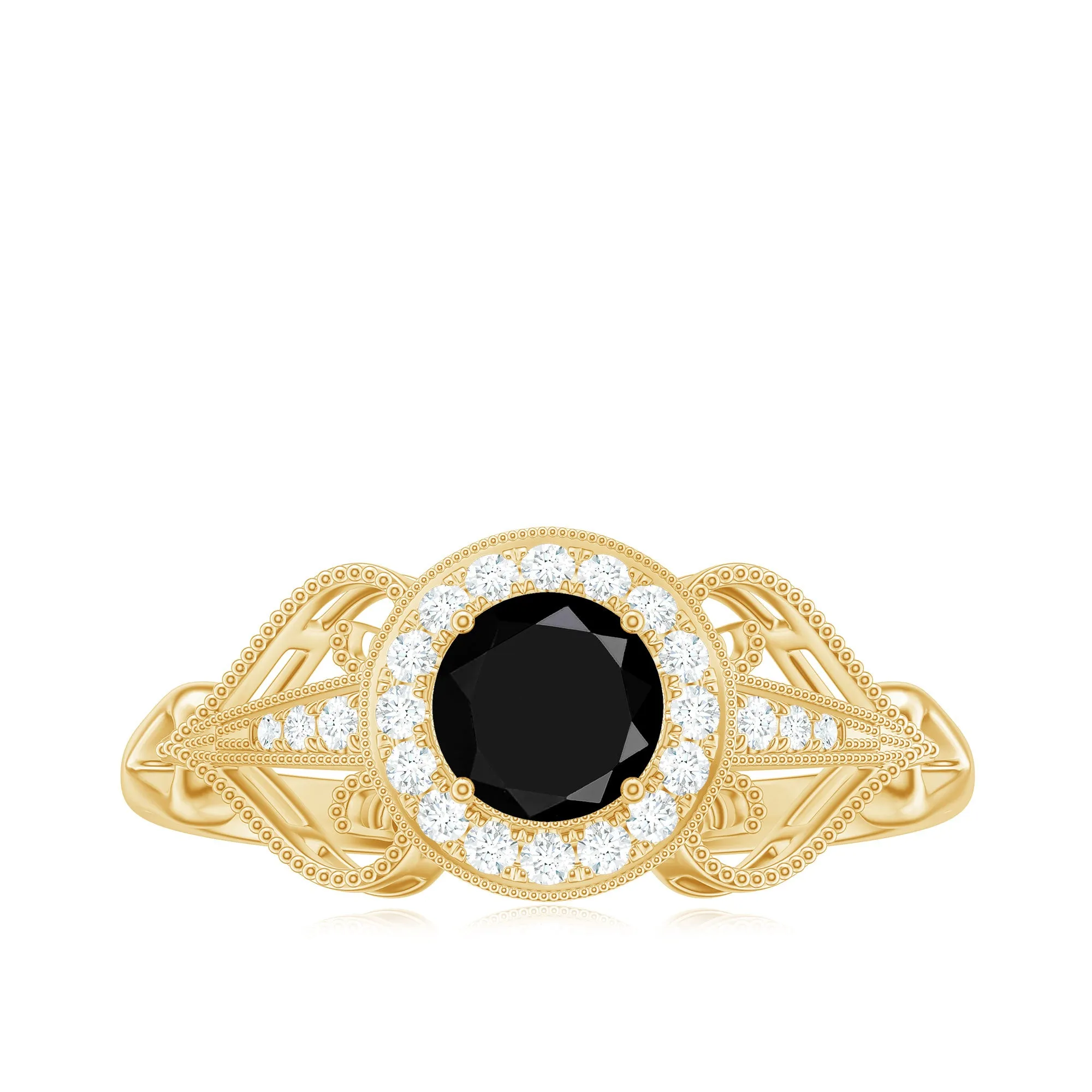 Black Onyx and Diamond Vintage Inspired Engagement Ring with Beaded Details