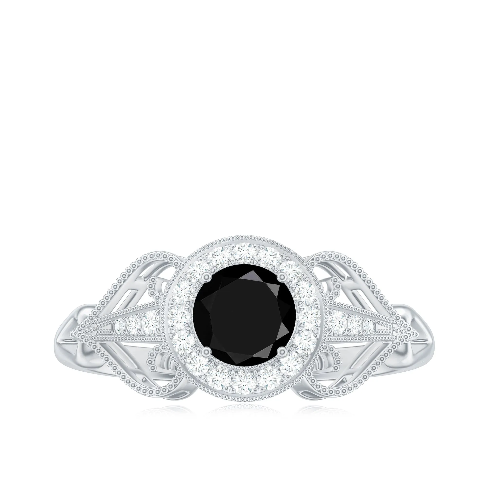 Black Onyx and Diamond Vintage Inspired Engagement Ring with Beaded Details