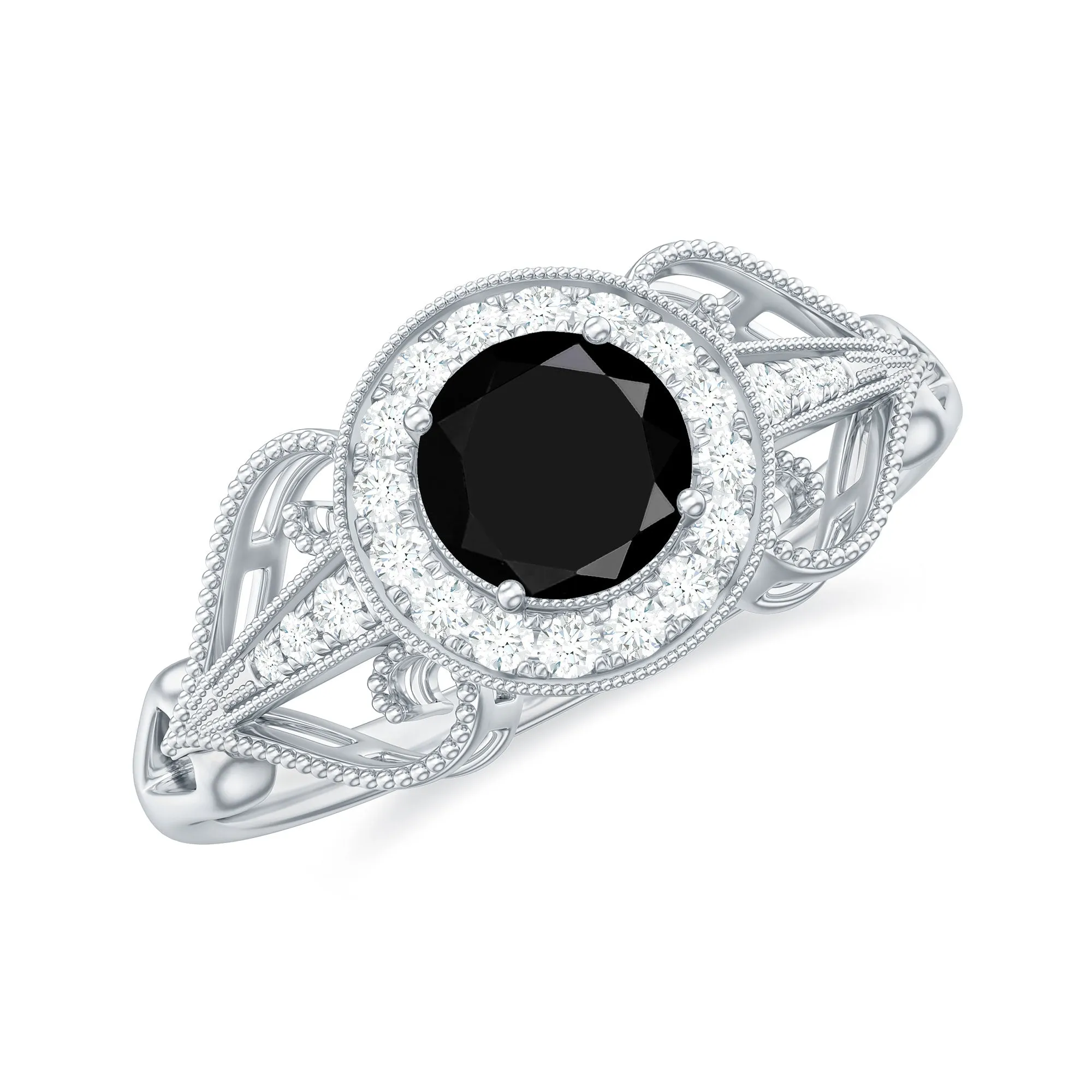 Black Onyx and Diamond Vintage Inspired Engagement Ring with Beaded Details