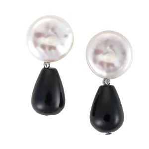 Black onyx and white coin pearl earrings