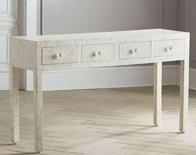 Bone Inlay Console 4 Drawers Geometric Design White