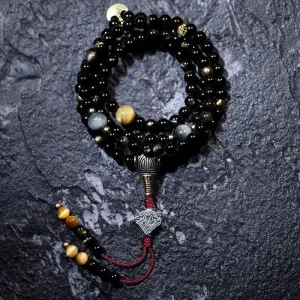 Buddha Stones 108 Mala Beads Gold Sheen Obsidian Tiger Eye Eagle's Eye Stone Wealth Bracelet