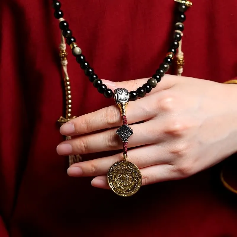 Buddha Stones 108 Mala Beads Gold Sheen Obsidian Tiger Eye Eagle's Eye Stone Wealth Bracelet