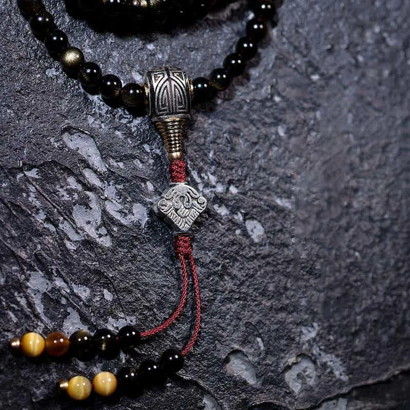 Buddha Stones 108 Mala Beads Gold Sheen Obsidian Tiger Eye Eagle's Eye Stone Wealth Bracelet