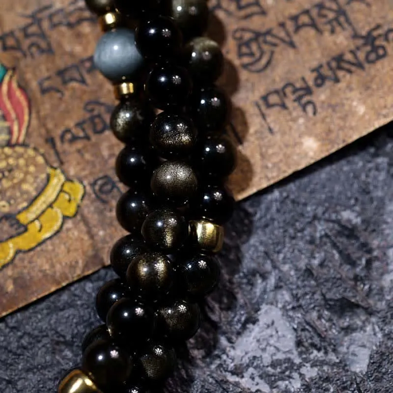 Buddha Stones 108 Mala Beads Gold Sheen Obsidian Tiger Eye Eagle's Eye Stone Wealth Bracelet