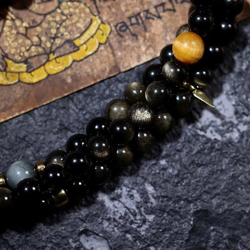 Buddha Stones 108 Mala Beads Gold Sheen Obsidian Tiger Eye Eagle's Eye Stone Wealth Bracelet