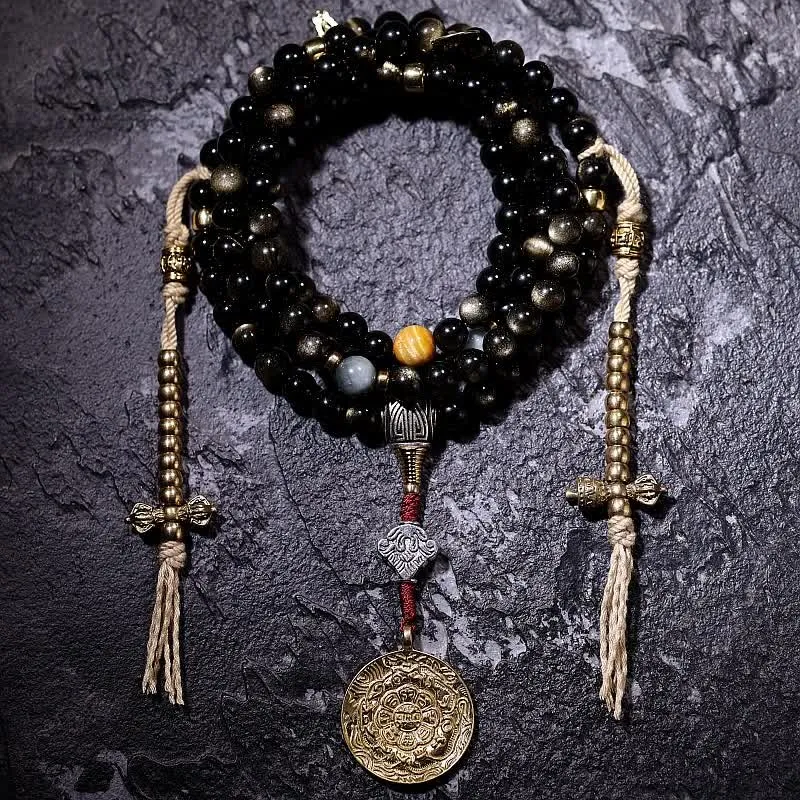 Buddha Stones 108 Mala Beads Gold Sheen Obsidian Tiger Eye Eagle's Eye Stone Wealth Bracelet